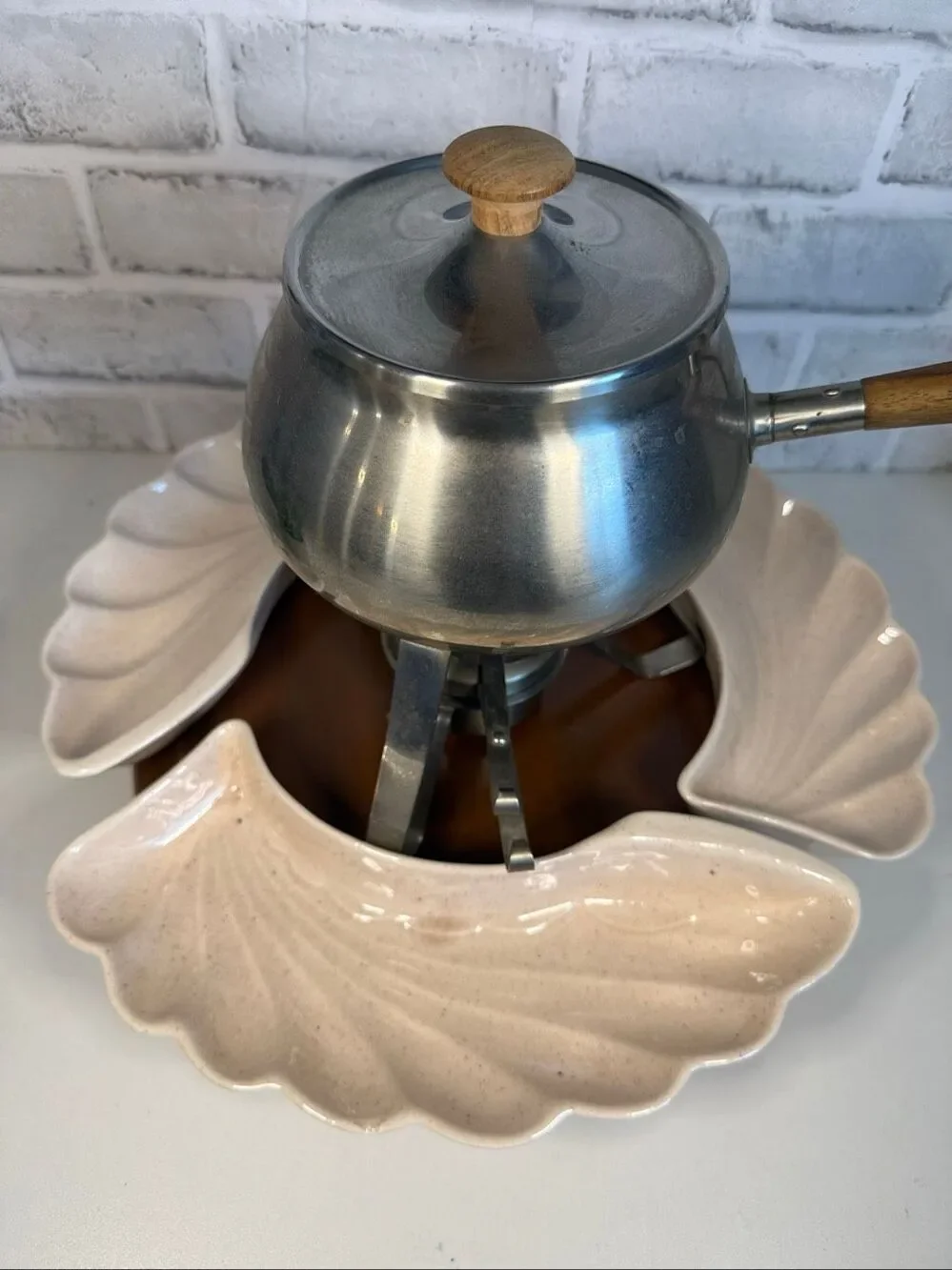 Mid Century Modern Stainless Steel Fondue Set with Lane Ceramic Dishes